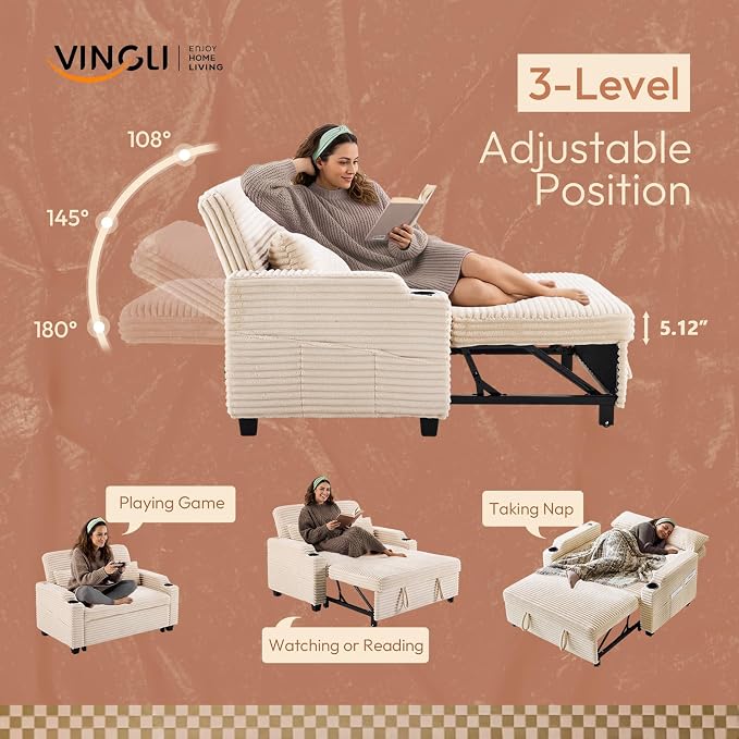 VINGLI Beige Futon Sofa Bed Convertible Loveseat Sleeper Sofa Couch, Corduroy - Image 3