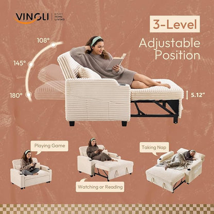 VINGLI Beige Futon Sofa Bed Convertible Loveseat Sleeper Sofa Couch, Corduroy - Image 3