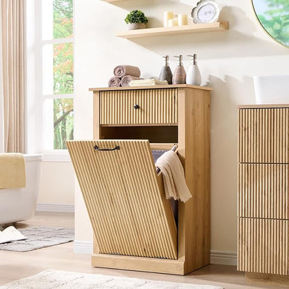 Modern Tilt-Out Laundry Hamper Cabinet, 10 Gallon Fluted Trash Can Cabinet by IFBUYFarmhouseFurniture