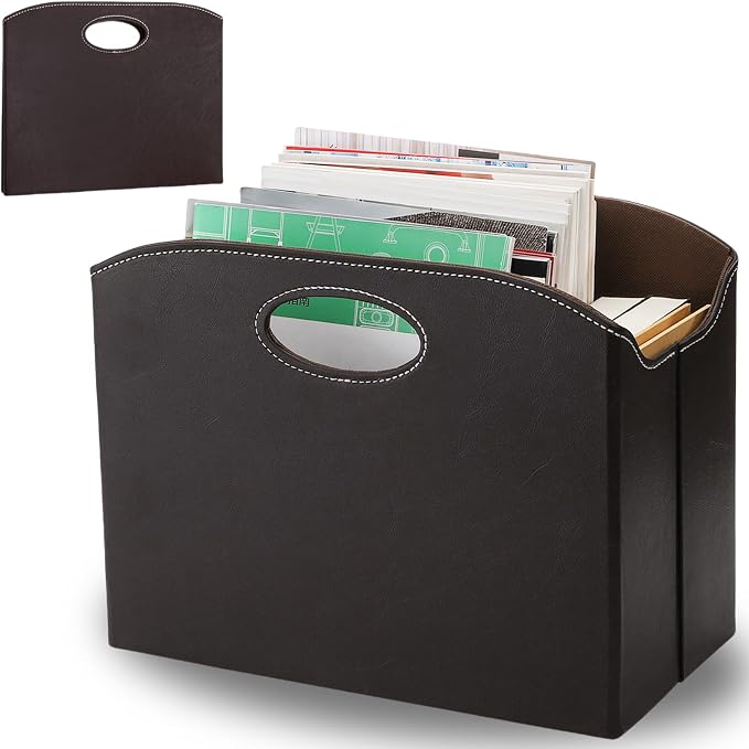 WRINGKIT Leather Magazine File Holder, Foldable Magazine Basket by WRINGKIT