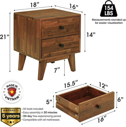 Acacia Silvia Nightstand with 2 Drawers, Solid Wood Bedside Table, Table with - Image 2