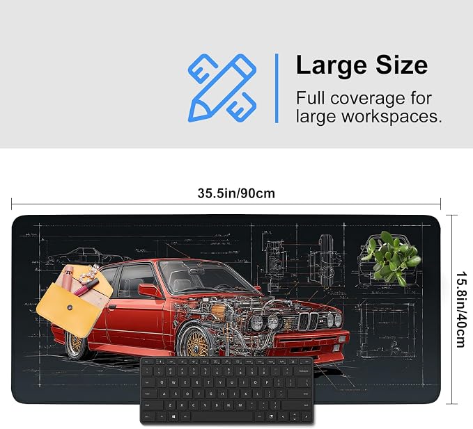 Retro Car Blueprint Mouse Pad – Large Extended Desk Mat 35.43 x 15.75 in – - Image 3