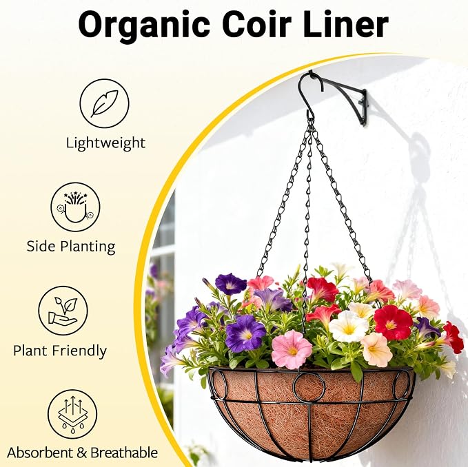 2 Pack Round Hanging Baskets for Plants Outdoor, 12 Inch Metal Wire Planter - Image 3