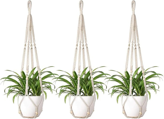 Mkono Macrame Plant Hanger Indoor 35 Inch Hanging Planter Basket Ivory 3Pcs | by Mkono