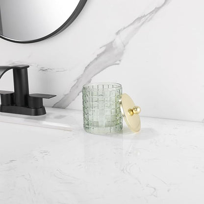 Sage Colored Tranlucent Apothecary Etched Geometric Grid Glass Jar W/Gold Metal - Image 9