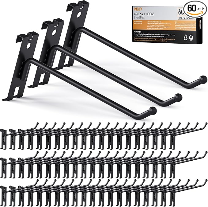 INCLY 6 Inch Gridwall Hooks, 60 Pack Heavy Duty Black Display Hooks by INCLY