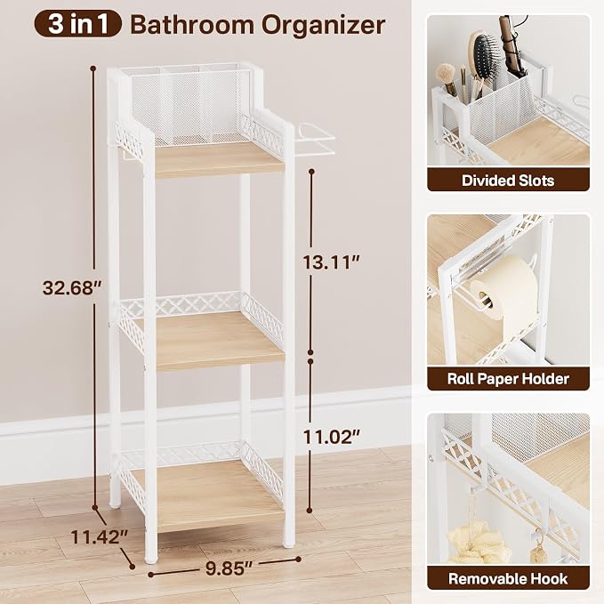 Slim Bathroom Storage Shelf Unit, 3 Tier Corner Storage, Rustic Makeup Organizer - Image 3