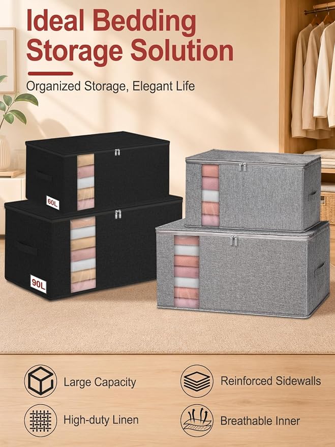 90L King Size Comforter Storage Bag w/Rigid Panels, Large Blanket Organizer - Image 2
