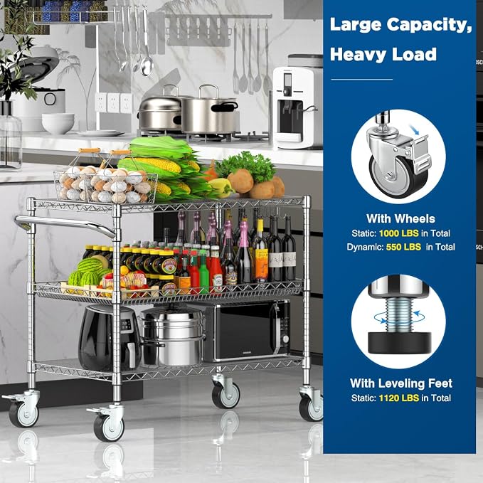 Leteuke 1120LBS Heavy Duty Rolling Utility Cart, 3 Tier Rolling Carts - Image 8
