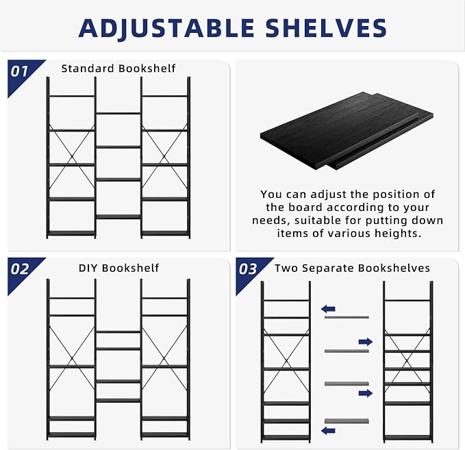 NUMENN Triple Column 5 Tier Bookshelf, Bookcase - Image 7