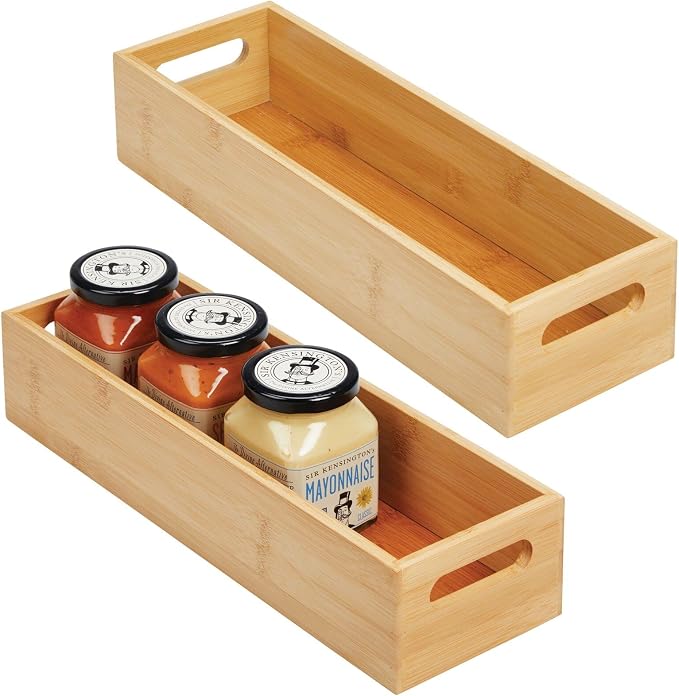 mDesign Set of 2 Kitchen Storage Box – Open-Top Bamboo Storage Tray by mDesign