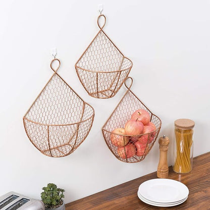 MyGift Set of 3, Farmhouse Copper Metal Wire Mesh Wall Hanging Baskets - Image 3
