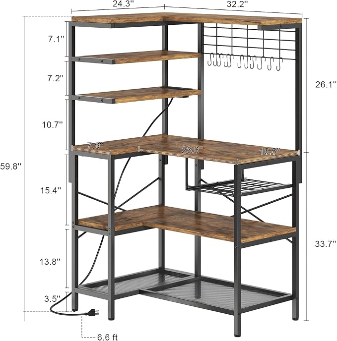 L-Shaped Bakers Rack with Power Outlet, 6-Tier Microwave Stand with Open Storage - Image 3