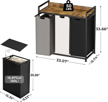 Laundry Hampers with Shelf, Laundry Basket 3 Section, Laundry Sorter with - Image 4