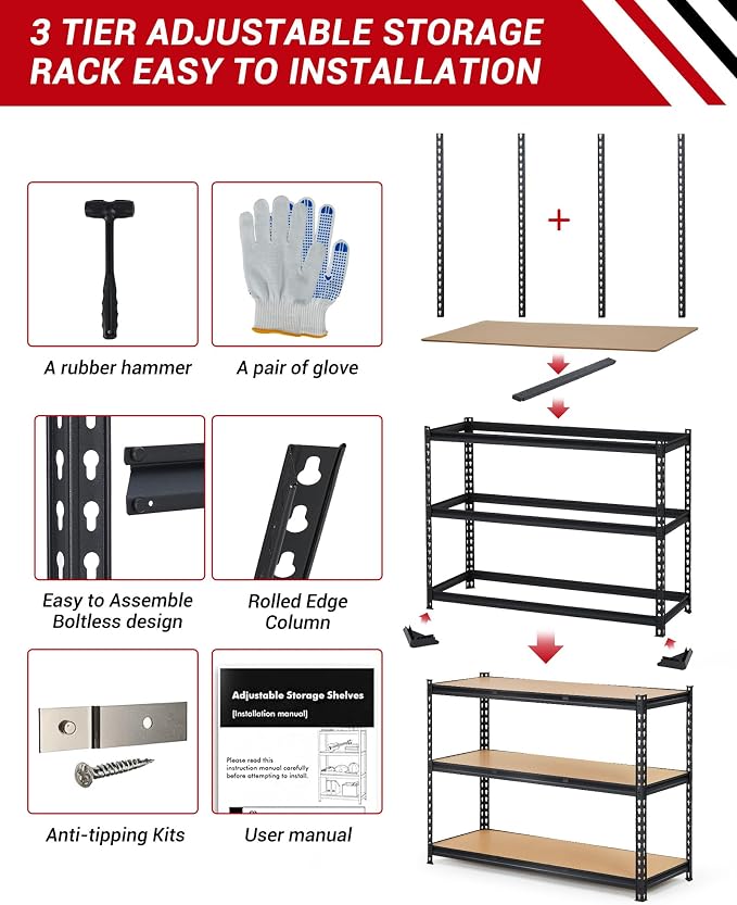 3-Tier Adjustable Metal Storage Shelving Unit, 1320 LBS Weight Capacity - Image 5