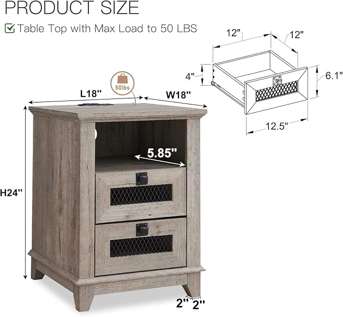 Nightstand with Charging Station, OKD 18'' Industrial & Farmhouse End Table - Image 2