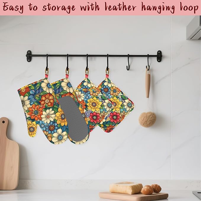 Flower Heat-Resistant Silicone Oven Mitts and Pot Holders, Cute Mandala Floral - Image 5