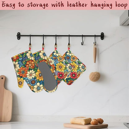 Flower Heat-Resistant Silicone Oven Mitts and Pot Holders, Cute Mandala Floral - Image 5