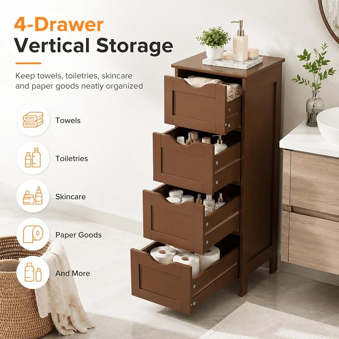 VINGLI 4-Drawer Bathroom Storage Cabinet, Slim Freestanding Floor Cabinet - Image 3