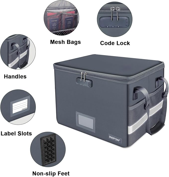 ENGPOW File Box with Lock, Fireproof Document Box with Pockets, Collapsible - Image 3