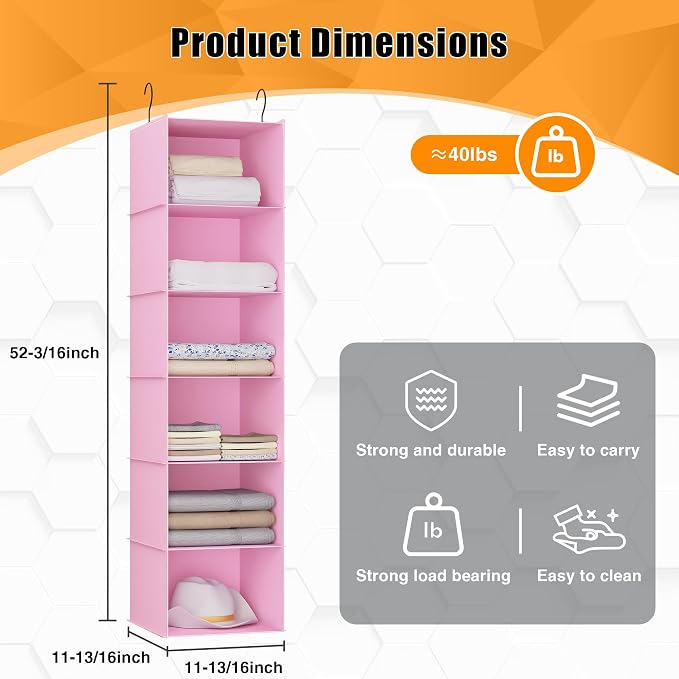 Hanging Closet Organizer, Easy Mount Foldable 6-Shelf Hanging Closet Wardrobe - Image 3