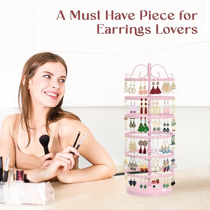 MODOWEY 6 Tier Rotating Earring Holder Organizer Stand, Adjustable Metal - Image 6