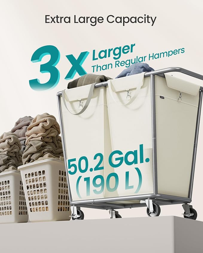 SONGMICS Laundry Basket with Wheels, 2-Section Laundry Sorter, 50.2 Gallons - Image 3