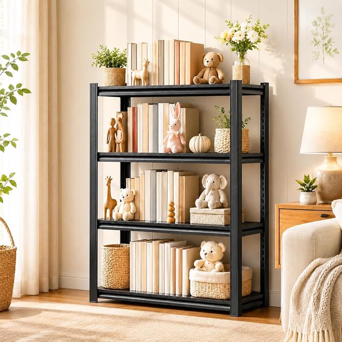 4 Tier Metal Bookshelf, Adjustable Tall Bookcase, Heavy Duty 2400 LBS Modern - Image 2