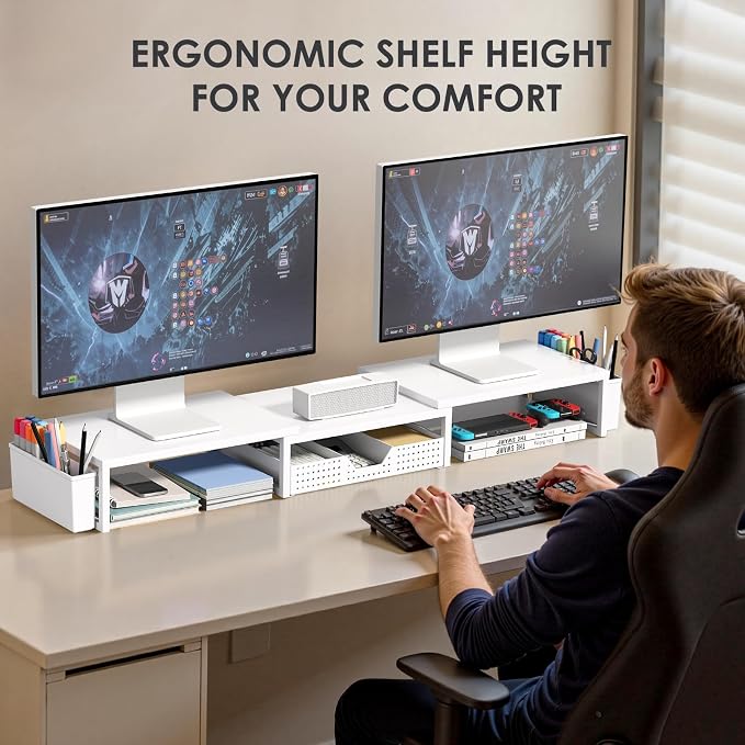 OPNICE White Dual Monitor Stand Riser, Metal Desk Organizers and Accessories - Image 2