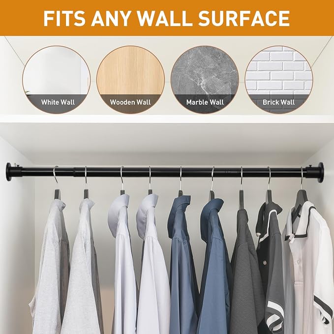 Black Adjustable Closet Rod 18-92 Inches, Heavy Duty Metal Clothes Hanging Rod - Image 7