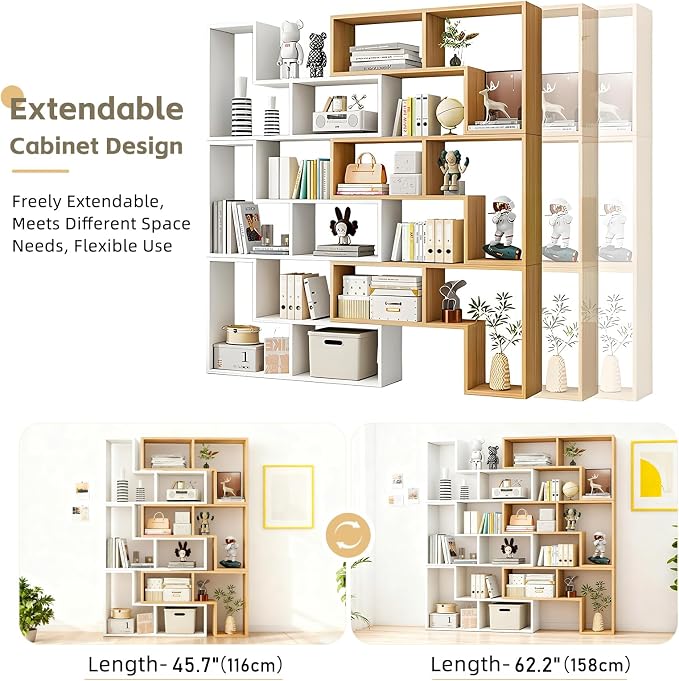 Expandable Bookcase with Adjustable Width, Wooden Room Divider Bookshelf - Image 5
