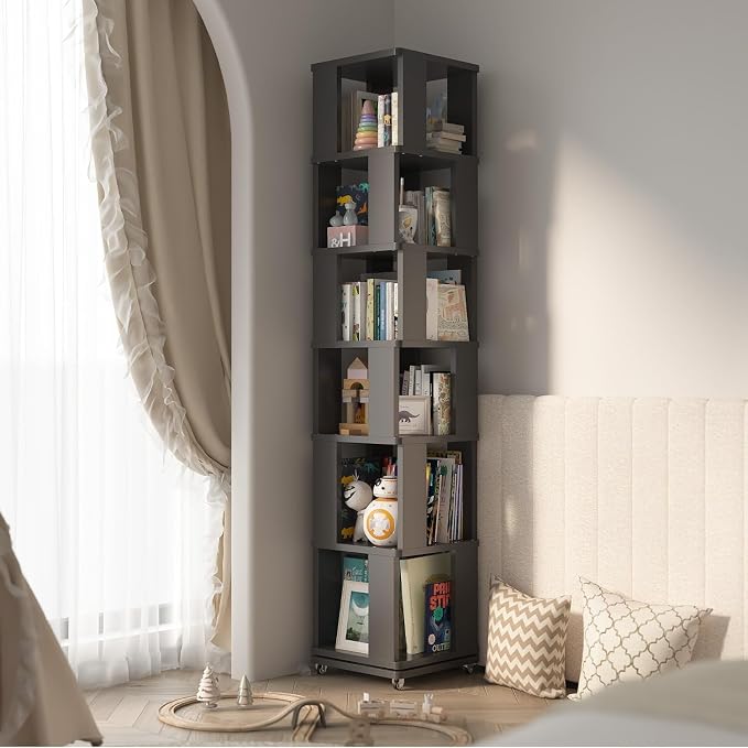 6 Tier Solid Wood Rotating Bookshelf Tower on Wheels, 360° Upgrade Spinning - Image 8
