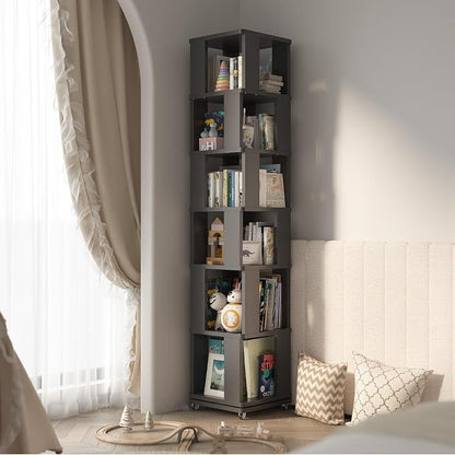 6 Tier Solid Wood Rotating Bookshelf Tower on Wheels, 360° Upgrade Spinning - Image 8