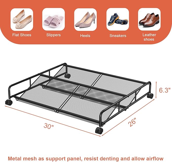 Under Bed Shoe Storage Organizer, 2 Pack Metal Mesh Under Bed Storage Containers - Image 3