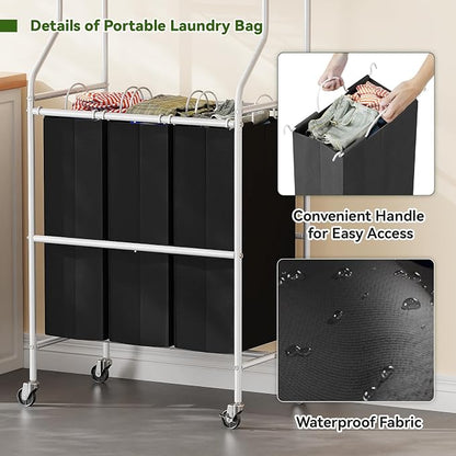 Laundry Sorter with Hanging Clothes Rack, Rolling Laundry Cart with Wheels & - Image 6