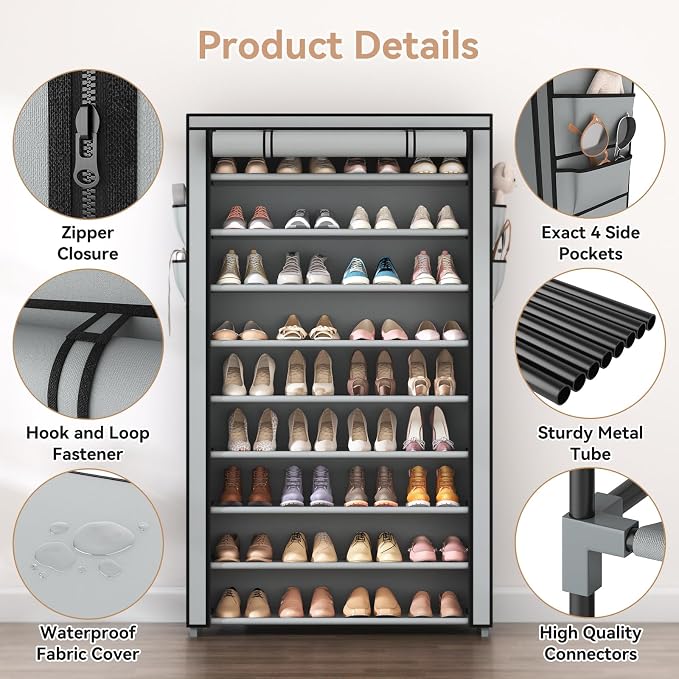 LANTEFUL Shoe Rack with Covers 10 Tier Tall Shoe Rack Organizer Large Capacity - Image 4