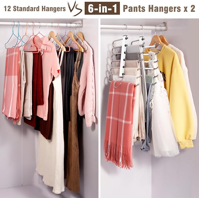 HUITEM Space Saving 6 Tier Pant Hangers, Lightweight, Stainless Steel, 2 Pack - Image 6