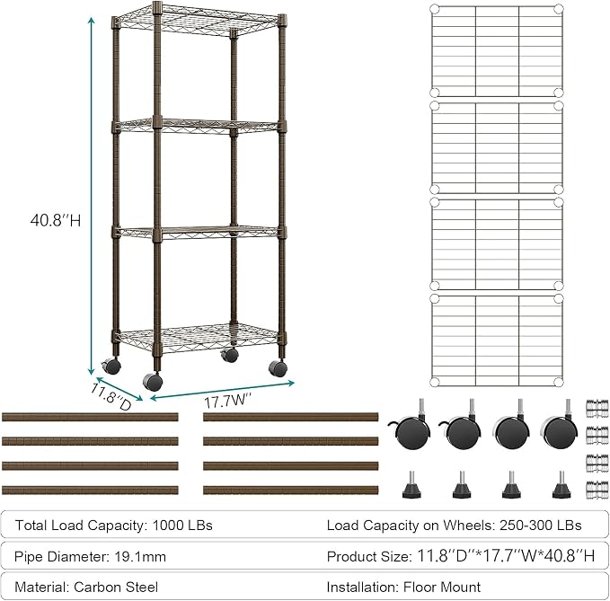 1000 lbs 4-Shelf Adjustable Heavy Duty Steel Wire Rack, Adjustable Storage - Image 3