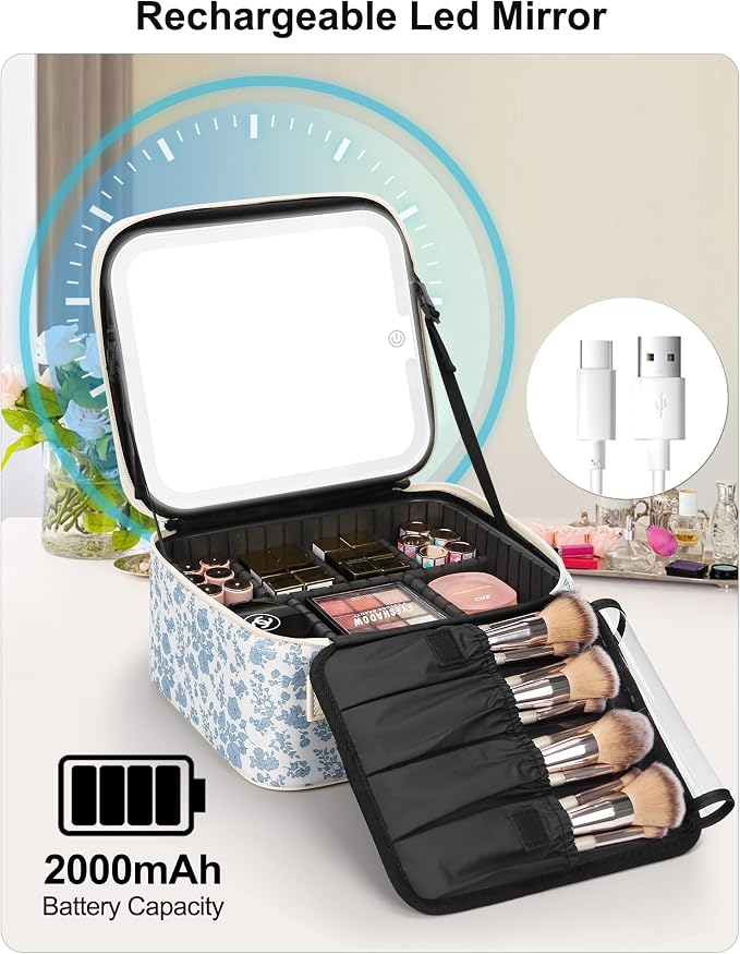 Relavel Travel Makeup Bag with LED Mirror, Floral Train Case with Dividers | - Image 3