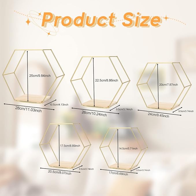 Wall Mounted Hexagonal Floating Shelves Set of 5 in Different Sizes, Modern - Image 3