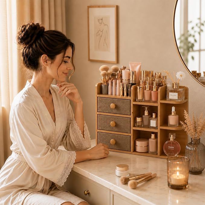 Large Makeup Organizer For Vanity, Large Capacity 3 Tiers Bamboo Bathroom - Image 3