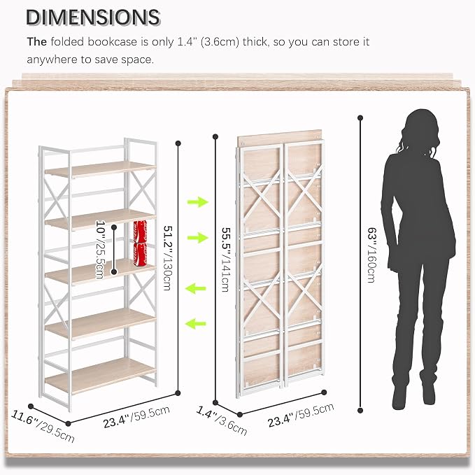 4NM 5 Tiers No Assembly Book Shelves, 51.2" H Folding Bookshelf Bookcase Open - Image 2