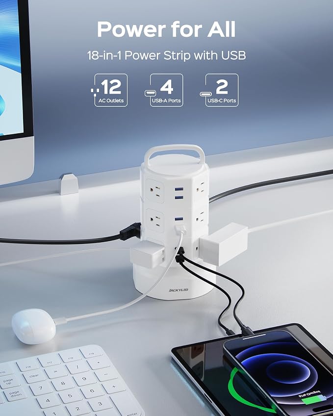 Power Strip Tower Surge Protector, JACKYLED 12 Outlets 6 USB Charging Station - Image 2