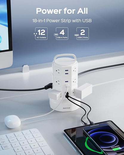Power Strip Tower Surge Protector, JACKYLED 12 Outlets 6 USB Charging Station - Image 2