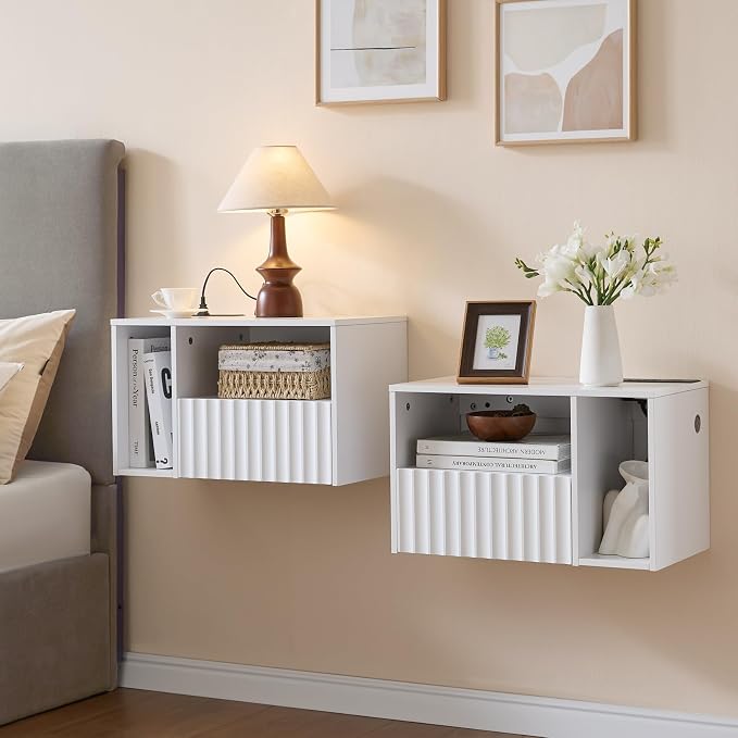 Modern Matte White Fluted Floating Nightstand by BuildHom