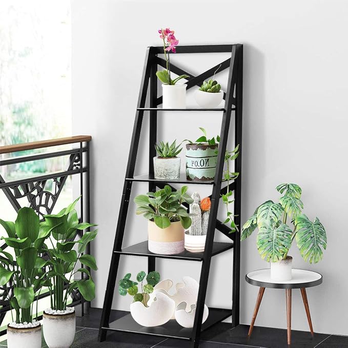 Tangkula 4-Tier Ladder Shelf Bookcase, Leaning Free Standing Wooden Frame Decor - Image 2