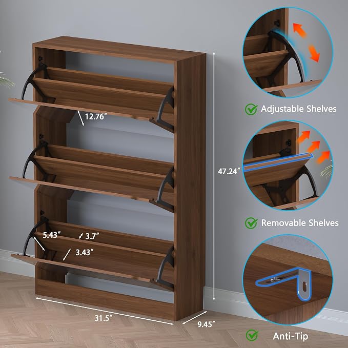 BORNOON Shoe Cabinet with 3-Flip Mirror Drawers, Freestanding Shoe Rack - Image 2