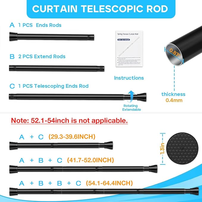4 Pack Black Tension Curtain Rod 30 to 64 Inch, Adjustable Curtain Rod - Image 2