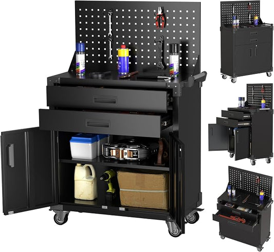 SUXXAN Black Tool Cart with Pegboard and 4 Hooks, Garage Storage Cabinet on by SUXXANFurniture