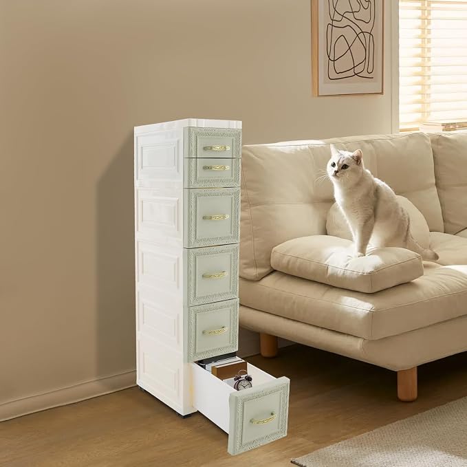 Slim Storage Cabinet with 6 Drawers, Mobile PP Plastic Organizer Rolling Tower - Image 6
